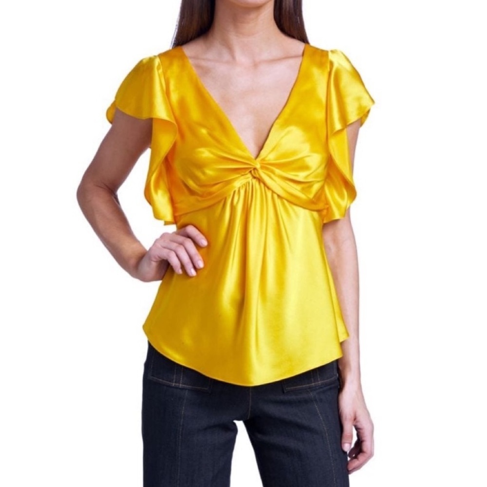 Cinq À Sept Pem Silk Flutter Sleeve Twist Blouse in Dandelion Yellow Large NWT
